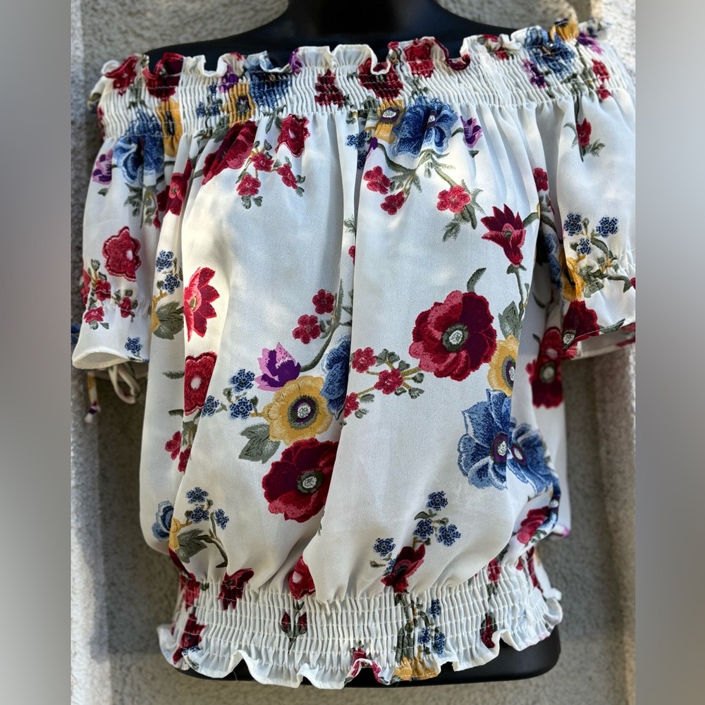 TIMING Floral Off-Shoulder Blouse - Red, Blue, Yellow Size S